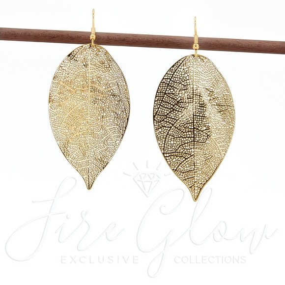Fire Glow Jewelry - Boho Chic Gold Tone Filigree Leaf Earrings